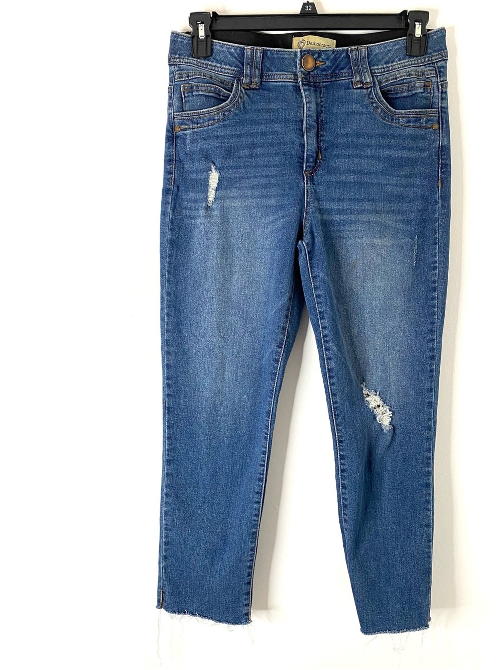 Democracy Ab Solution Distressed Straight Leg Jeans Raw Hem Medium Wash